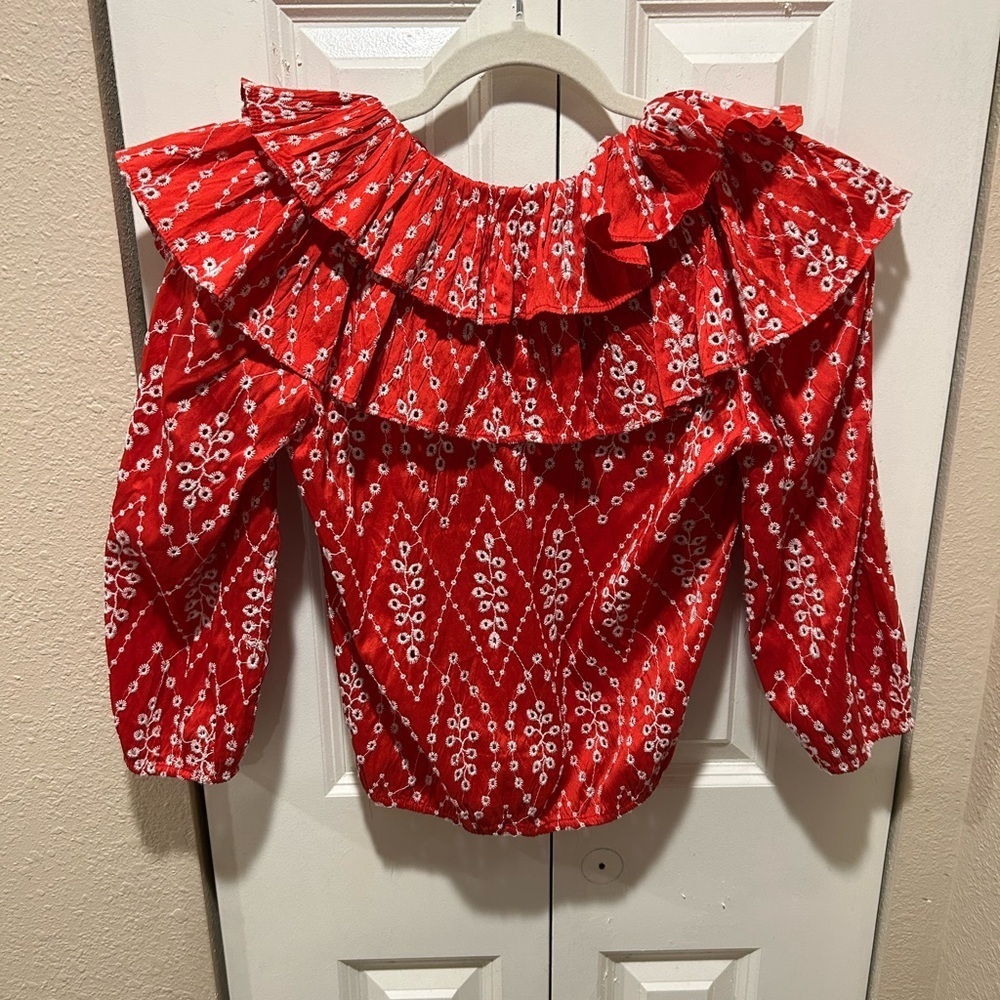 ZARA Openwork Embroidered Ruffle Top in Red, size S - Picture 7 of 9